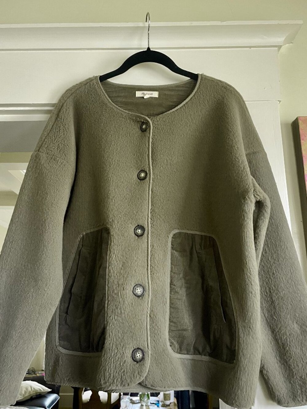 Madewell Olive Green Collarless Button-front Sherpa Coat - M
